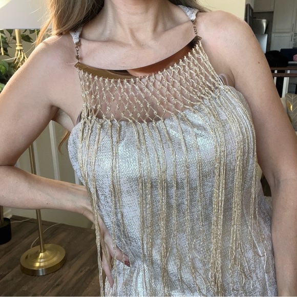 Flaxons Gold Foil Jacquard Metallic Halter Fringe Party Top Shirt Holiday Xmas L - Picture 4 of 14
